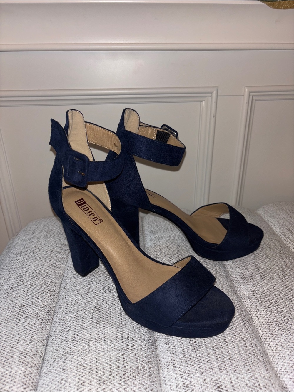 IDIFU Navy Suede Block Heel Sandals with Ankle Strap